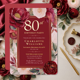 Invitation En Aluminium Camélia Floral Rouge Élégant 80e Anniversaire Or