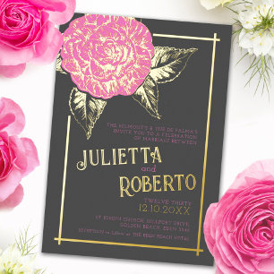 Invitation En Aluminium Camélia tatoué mariage rose marron et or