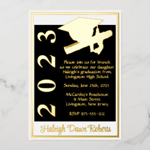 Invitation En Aluminium Cap & Diplôme, Blanc, Noir & Or Graduation