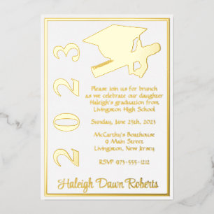 Invitation En Aluminium Cap & Diplôme, Dégraduation Blanc & Or