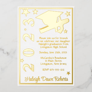 Invitation En Aluminium Cap, Diplôme, Étoiles Blanche & Or Graduation