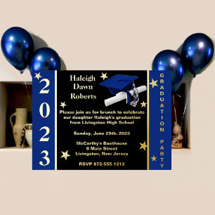 Invitation En Aluminium Cap, Diplôme, & Étoiles, Bleu Royal, Noir, & Or