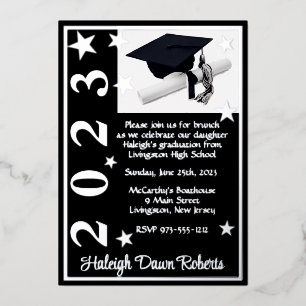 Invitation En Aluminium Cap, Diplôme, & Étoiles, Noir & Argent Fête de la