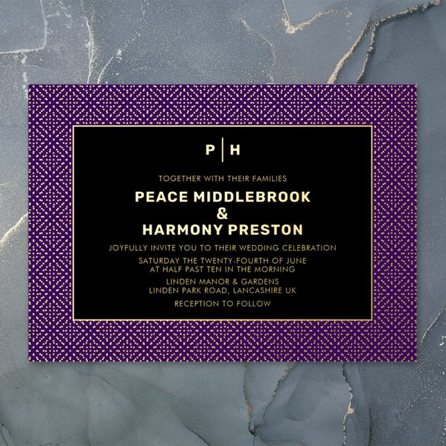 Invitation En Aluminium Carnaby Confetti Gold violet Mariage noir (Créateur téléchargé)