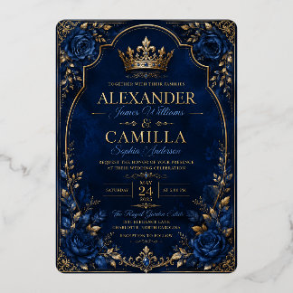 Invitation En Aluminium Carton de Mariage Couronne Bleu Royal & Or | Bleu