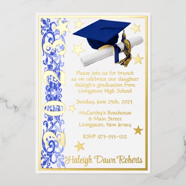 Invitation En Aluminium Casquette, Diplôme & Étoiles, Bleu, Blanc, Diplôme (Recto)