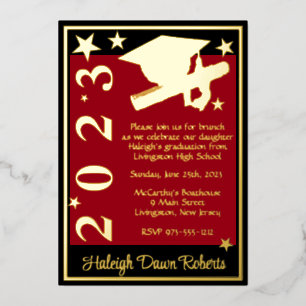 Invitation En Aluminium Casquette, Diplôme & Étoiles, Rouge, Noir & Or