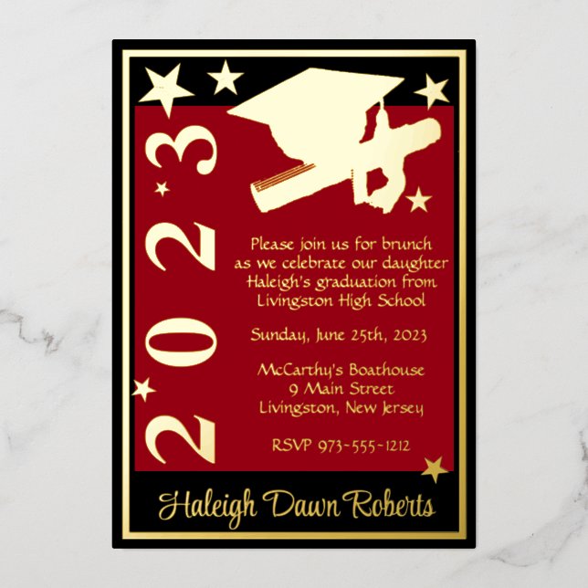 Invitation En Aluminium Casquette, Diplôme & Étoiles, Rouge, Noir & Or (Recto)