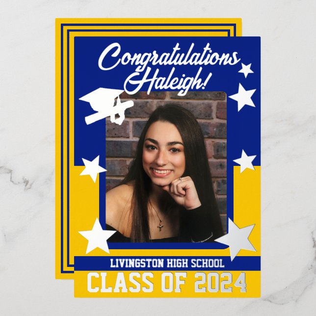Invitation En Aluminium Casquette, Diplôme, Étoiles, Royal Blue & Gold Gra (Recto/Verso)