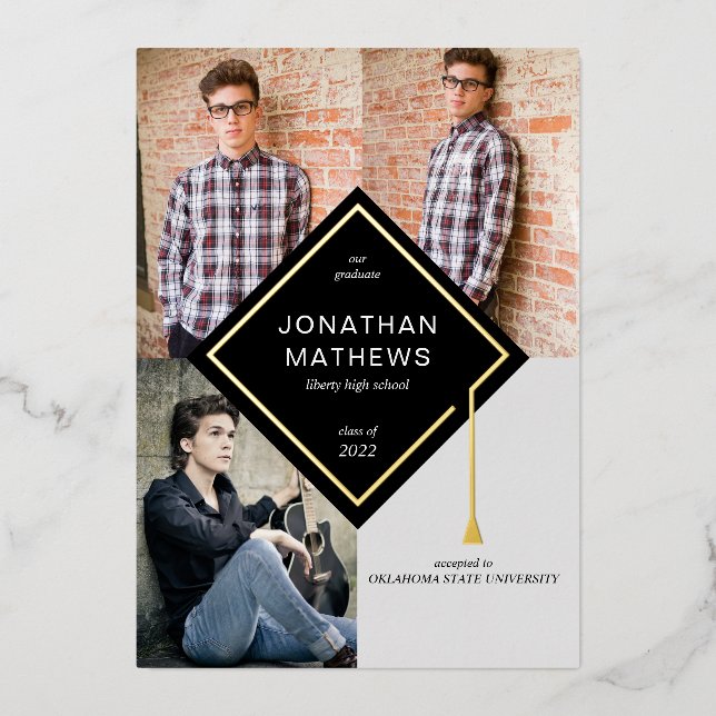 Invitation En Aluminium Casquette photo Black Gold moderne (Recto)