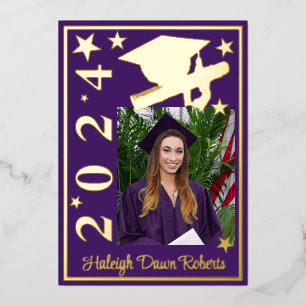 Invitation En Aluminium Casquette photo, Diplôme & Étoiles, Purple Graduat