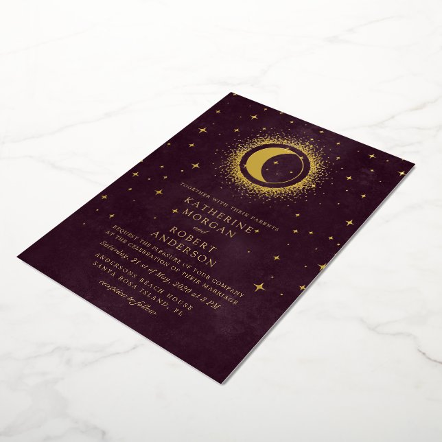 Invitation En Aluminium Céleste Bourgogne Or Lune Et Étoiles Mariage (Rotation)