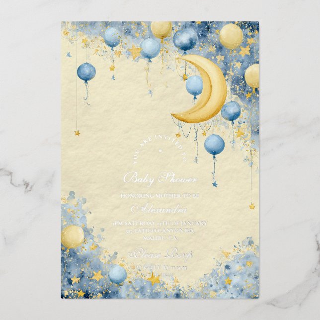 Invitation En Aluminium Céleste Lune et Baby shower des étoiles (Recto)