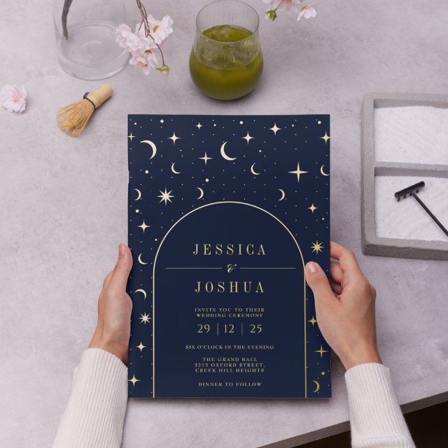 Invitation En Aluminium Céleste Marine Arc Cadre étoile Lune Or (Créateur téléchargé)