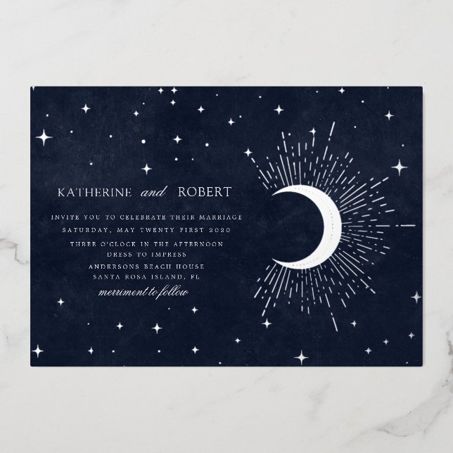 Invitation En Aluminium céleste minuit bleu argent étoiles Mariage (Recto)