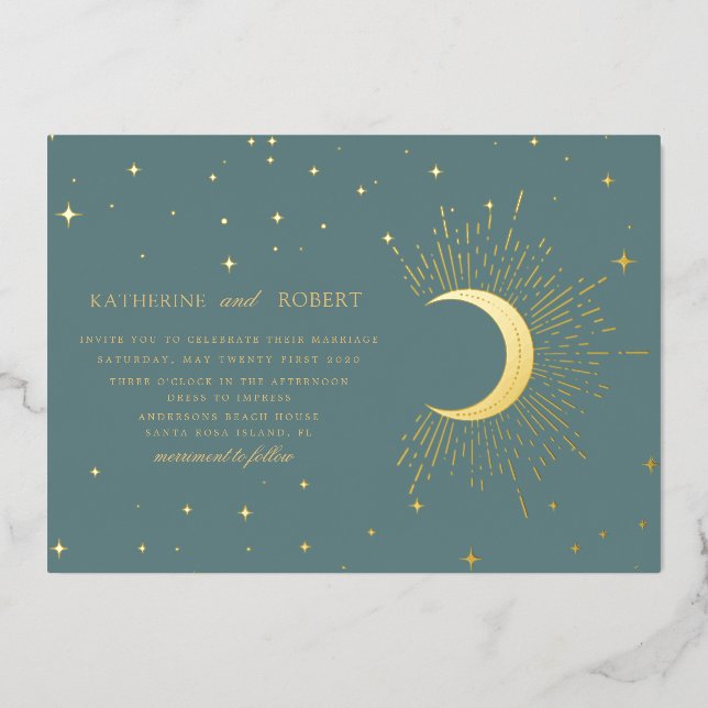 Invitation En Aluminium céleste minuit sage or étoiles Mariage (Recto)