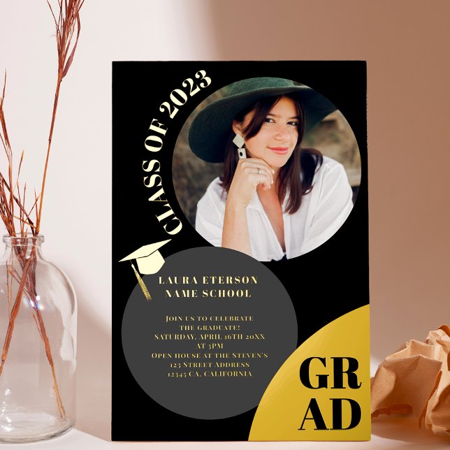 Invitation En Aluminium Cercle boho moderne noir chic 5 photos graduation (Créateur téléchargé)