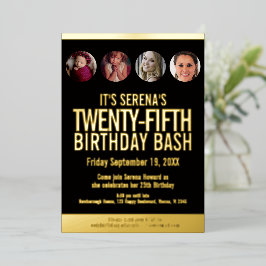 Invitation En Aluminium Cercles de photos noir et or pour 25e anniversaire