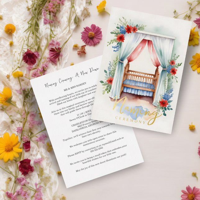 Invitation En Aluminium Cérémonie Romantique de nom de lit joyeux or (Romantic Floral Cheerful Crib Naming Ceremony Gold Metallic Foil Invitation Card.)