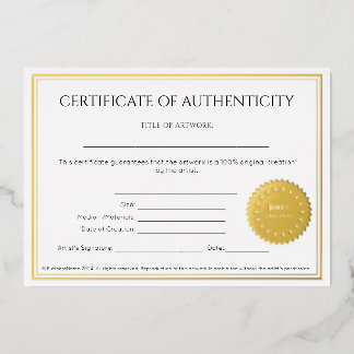 Invitation En Aluminium Certificat d'authenticité d'un artiste élégant