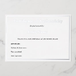 Invitation En Aluminium Certificat d'authenticité en argent Foil pour art