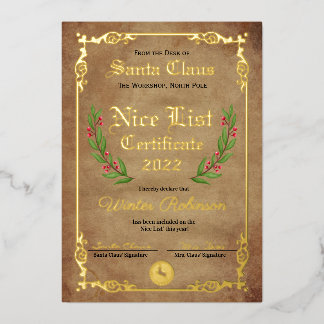 Invitation En Aluminium Certificat d'huile de liste Nice père Noël