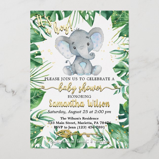 Invitation En Aluminium C'est un Baby shower éléphant Safari Garçon Real F (Recto)