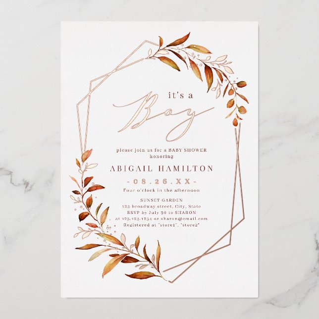 Invitation En Aluminium C'est un Baby shower géométrique Boy Fall Greenery (Recto)