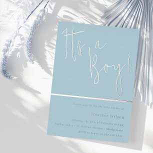 Invitation En Aluminium C'est un garçon ! Bleu Poussiéreux et Baby Shower