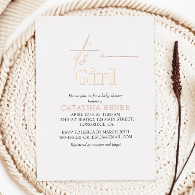 Invitation En Aluminium C'Est Une Fille Luxe Rose Baby shower Gold Foil (Créateur téléchargé)