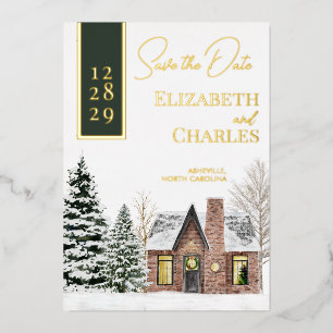 Invitation En Aluminium Chalet Cabine d'hiver Vert Rustique Enregistrer La
