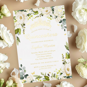 Invitation En Aluminium Champagne à papillon d'or Quinceanera Florale