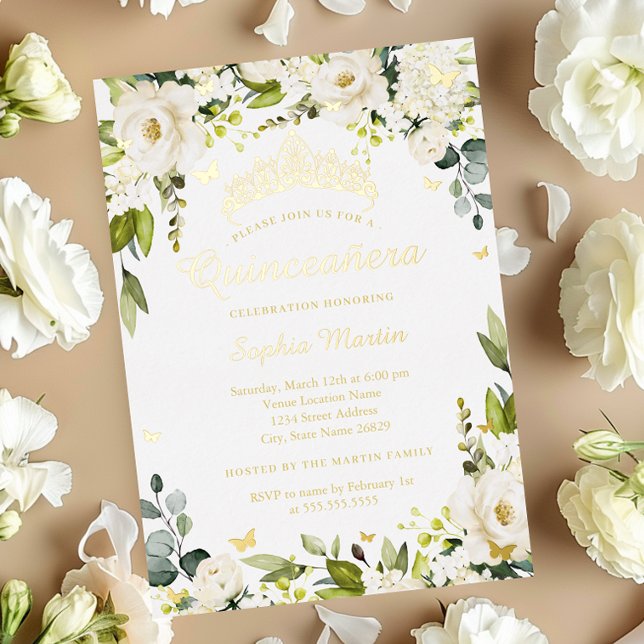 Invitation En Aluminium Champagne à papillon d'or Quinceanera Florale (Créateur téléchargé)