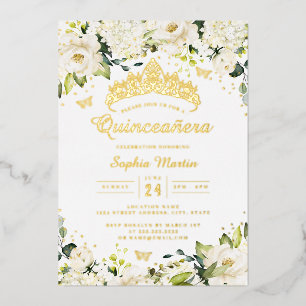 Invitation En Aluminium Champagne Blanc Floral Quinceanera Or