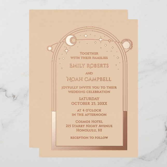 Invitation En Aluminium Champagne céleste Gold Sun Moon Stars Mariage (Recto/Verso)