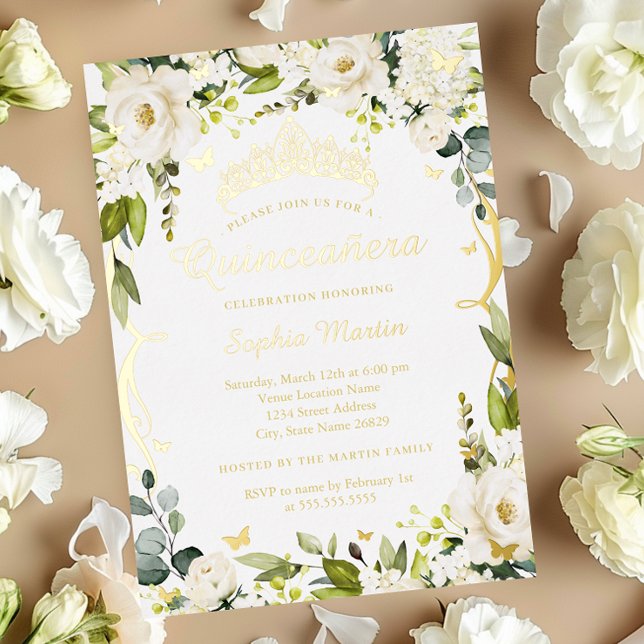 Invitation En Aluminium Champagne d'or papillon Quinceanera Floral (Créateur téléchargé)
