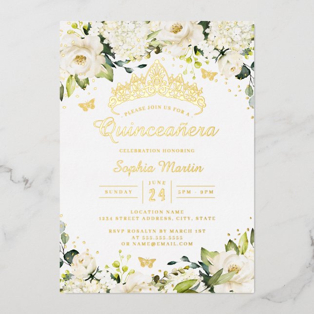 Invitation En Aluminium Champagne d'or Quinceanera Florale Blanche (Recto)