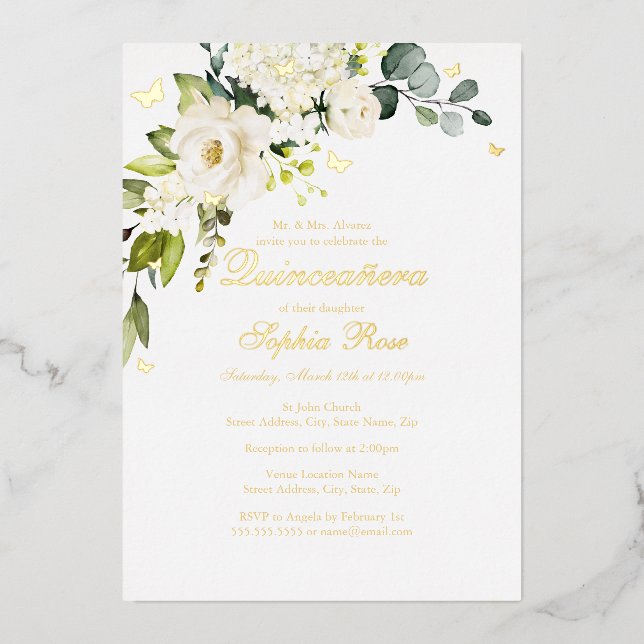 Invitation En Aluminium Champagne Floral Papillon doré Quinceanera (Recto)