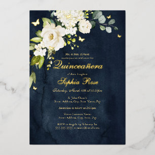 Invitation En Aluminium Champagne Navy Floral Papillon Doré Quinceanera