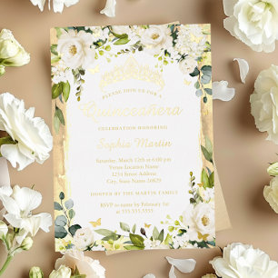 Invitation En Aluminium Champagne Papillon Doré Floral Quinceanera