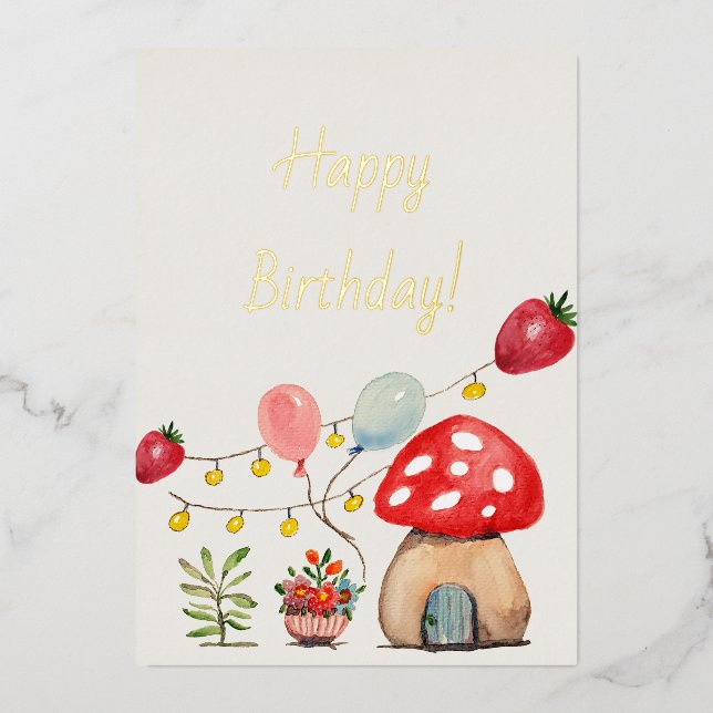 Invitation En Aluminium Champignon et fraises à l'aquarelle Fête mignonne (Recto)