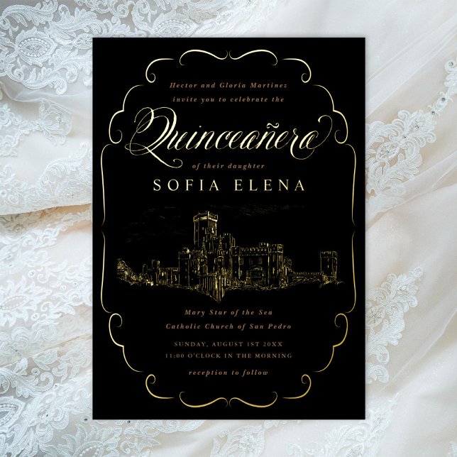 Invitation En Aluminium Château romantique Imaginaire Quinceañera Gold (Créateur téléchargé)