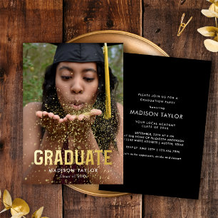 Invitation En Aluminium Chic Black and Gold Foil Photo Graduation Party