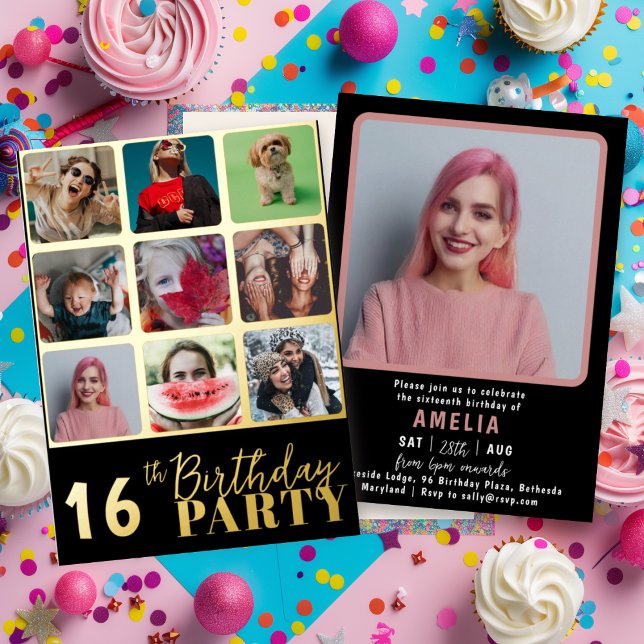 Invitation En Aluminium Chic Black & Gold 10 Photo Anniversaire (Créateur téléchargé)