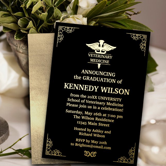 Invitation En Aluminium Chic Black Gold feuille Médecine vétérinaire (Chic Black Gold foil Veterinary Medicine Foil Invitation #zazzlemade #goldfoil#realgoldfoil#graduate)