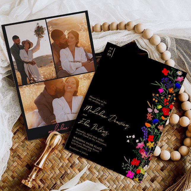 Invitation En Aluminium Chic boho fleurs sauvages vives 3 photos mariage (Créateur téléchargé)