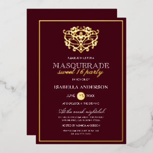 Invitation En Aluminium Chic Bourgogne Rouge & Or Masquerade Sweet 16 Part