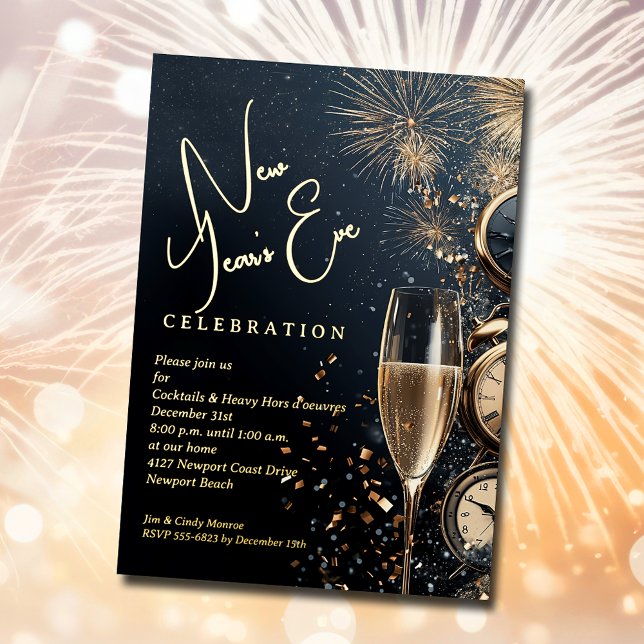 Invitation En Aluminium Chic Champagne Time New Year's Eve (Chic Champagne and Clocks New Year's Eve GOLD FOIL party invitations)