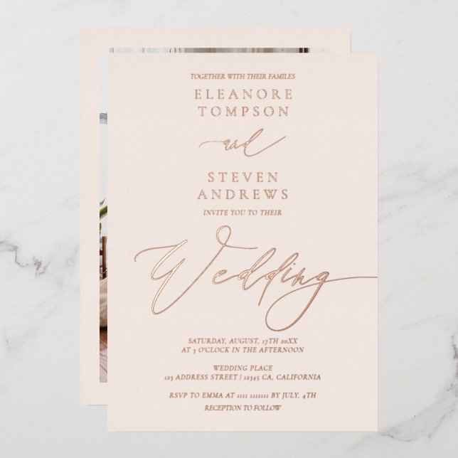 Invitation En Aluminium Chic classique calligraphie mariage or rose (Recto/Verso)