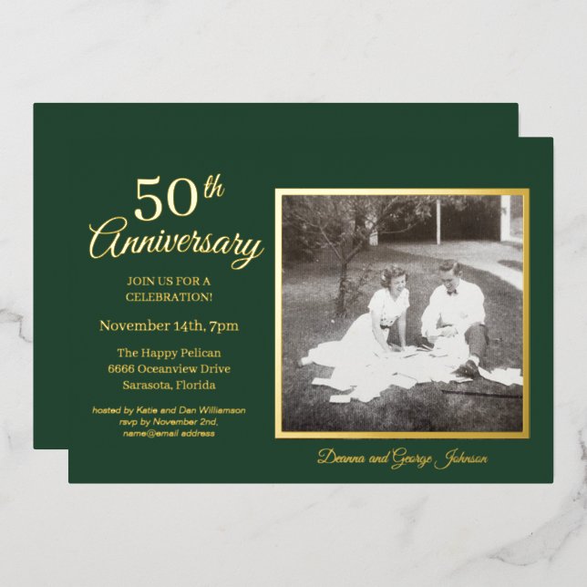 Invitation En Aluminium Chic Green Photo 50e Anniversaire Or (Recto/Verso)